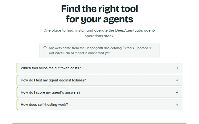 Control Tower console, Chat: 'Find the right tool for your agents' with suggested questions, and the tools in the catalog with their versions on the right