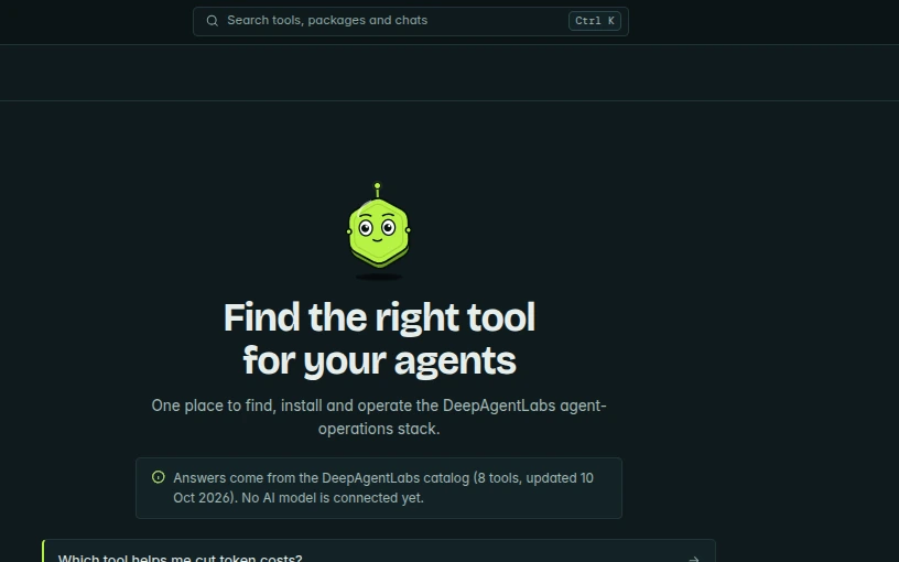 Control Tower console in dark theme: the Ctrl K search bar and the chat start screen