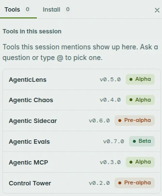 Tools in the catalog with version and stage: AgenticLens, Agentic Chaos, Agentic Sidecar, Agentic Evals, Agentic MCP, Control Tower