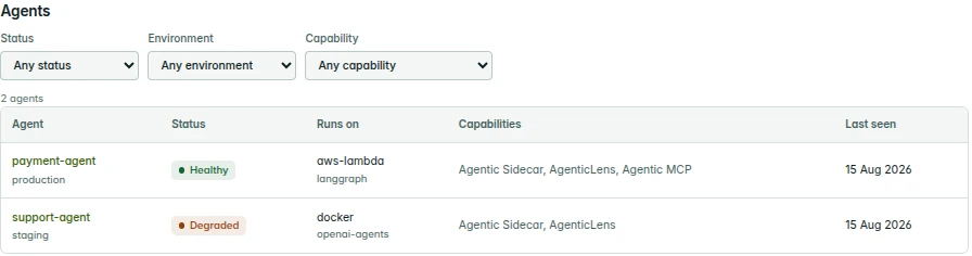 Agents table with filters for status, environment and capability